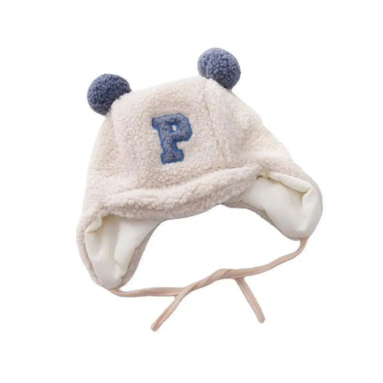 Boné para Crianças Inverno Bebê Meninos Letra Cordeiro Veludo Earflap Chapéu Duplo Pompom Criança Gorro p 7 Chapéus e bonés
