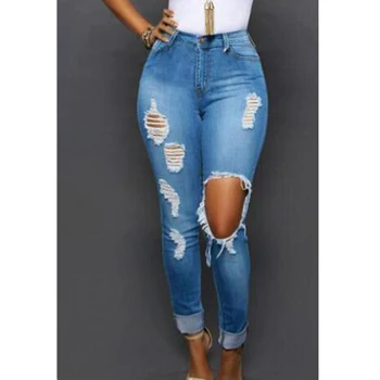 

Women's Legging High Waist Stretch Distressed Ripped Blue Skinny Denim Jeans