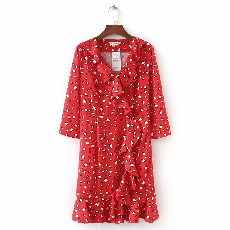 

2018 Versatile by Age Sweet Flounced Deep-V Five-pointed Star Printed Three-quarter-length Sleeve Dress Women's 8218
