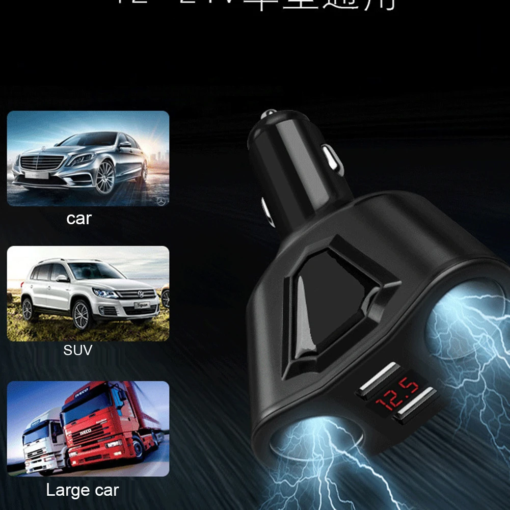 5V Car Dual USB Charger with 2 Car Lighter Slot Display Charging Voltage Current Support Intelligent Charging Charger