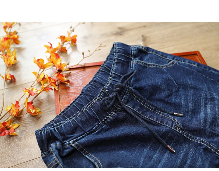 Весна Осень джинсы для женщин для Ретро Свободные Повседневное джинсовые штаны эластичный пояс промывают женские мотобрюки