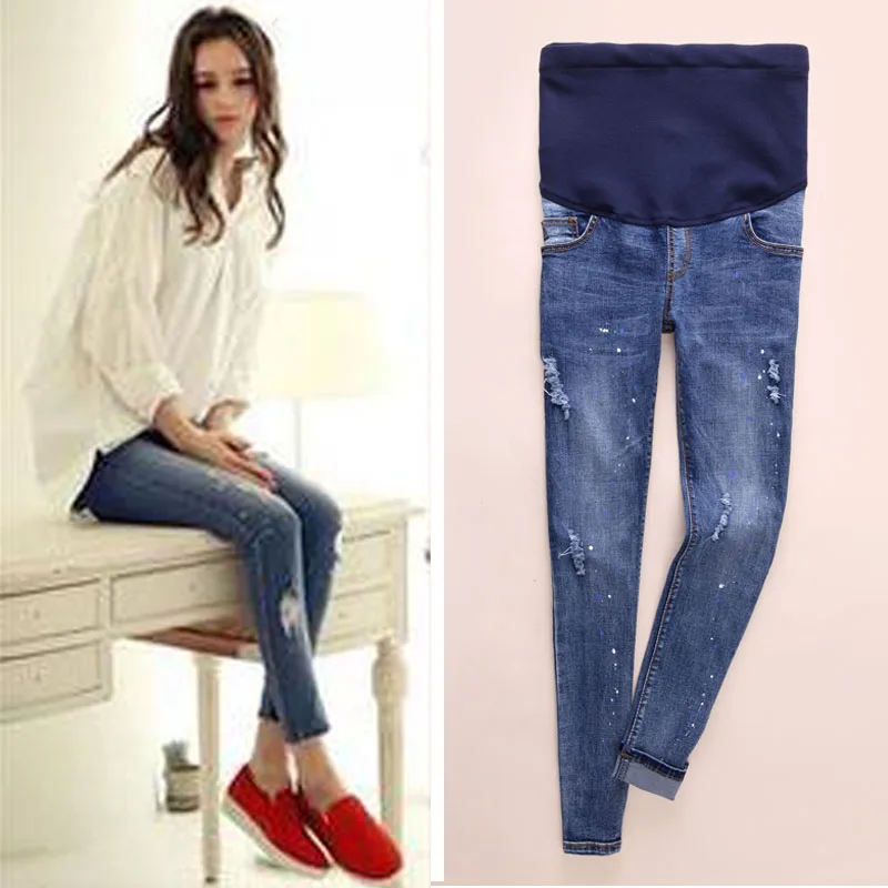 

Hole Denim Pencil Pants Maternity Jeans For Pregnant Women Clothes Stretch Trousers Casual High Waist Abdominal Jeans Pregnancy