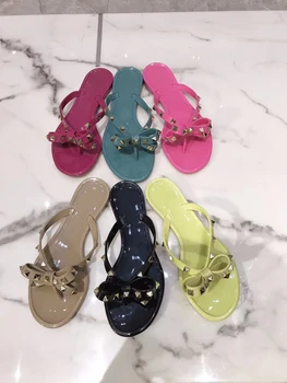 

Hot 2019 Fashion Woman Flip Flops Summer Shoes Cool Beach Rivets big bow flat sandals Brand jelly bows shoes girls size 35-41