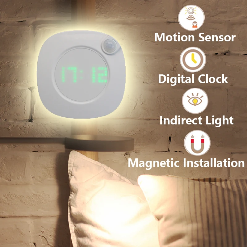 

LED Night Light Motion Sensor Warm/White Indirect Light Rechargeable Digital Clock Function With Magnet Installation Bedroom