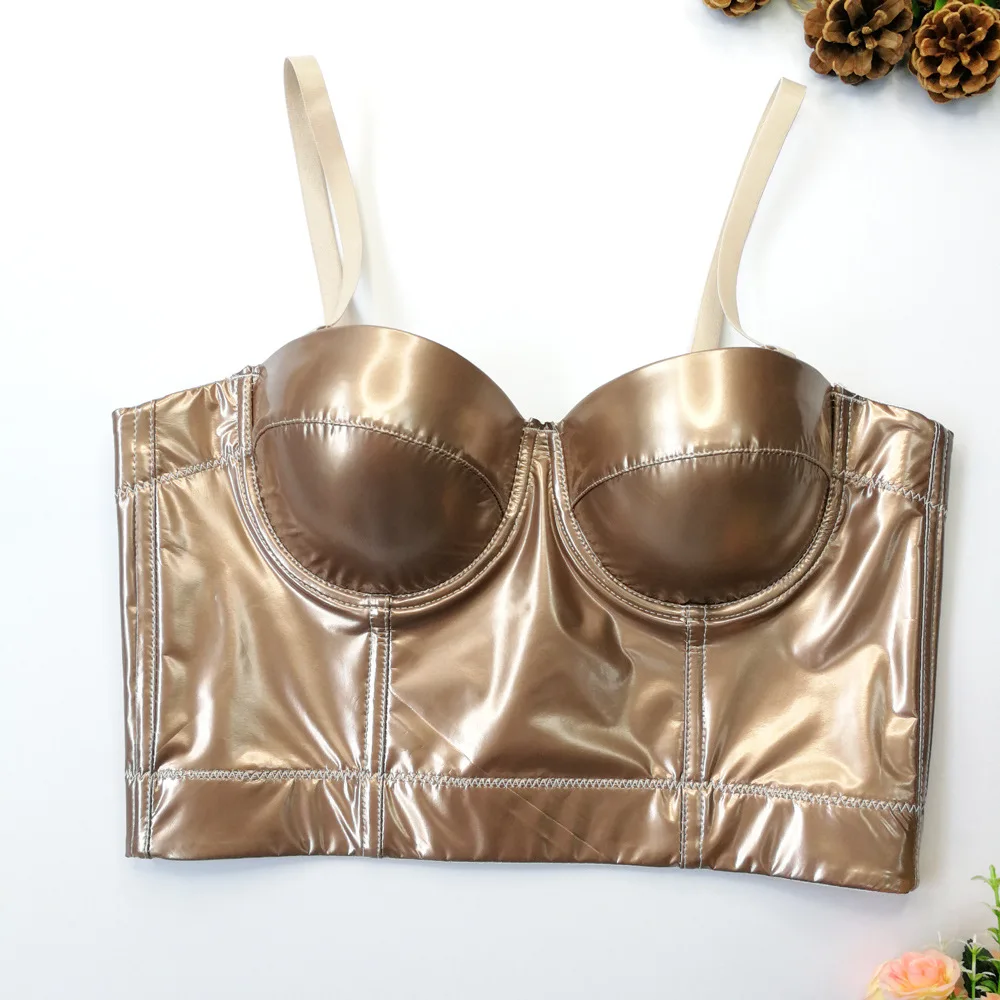 Sexy stain bra for women bright leather crop top camisole spot sexy tube top with steel ring PU leather fishbone brassiere femme