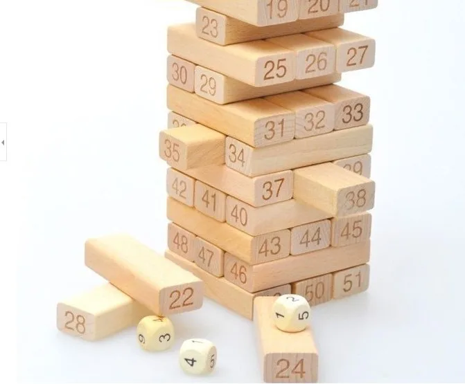 Сосновая древесина Jenga в коробке 54 шт отправить 4 игральные кости насосные строительные домино с блоками маленькие с числами стек