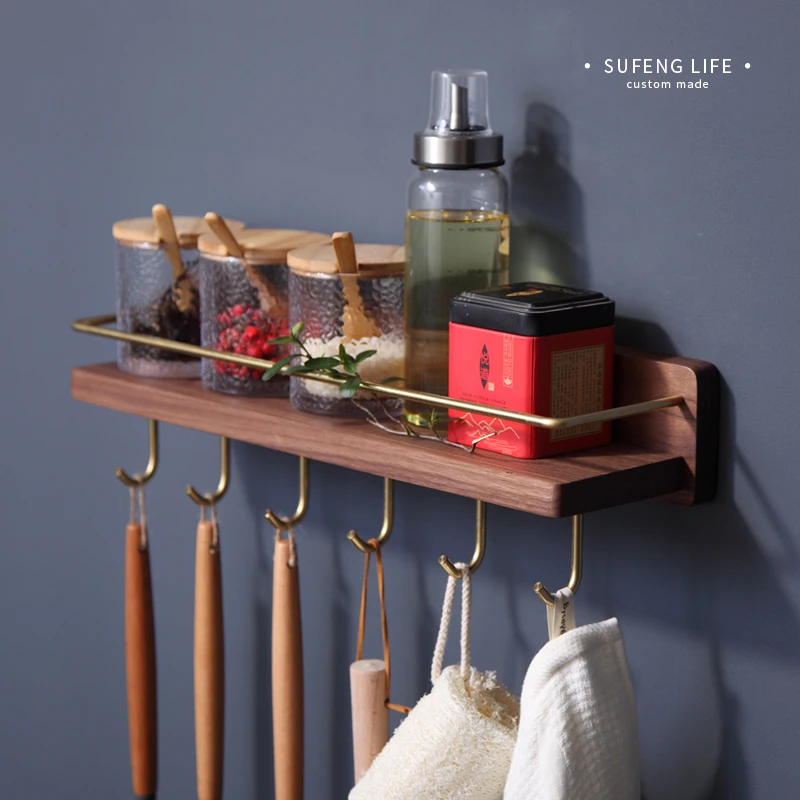  Kitchen Multi-function Racks Brass and Black Walnut Wood Seasoning Storage Rack Wall Hanging Corner - 4000299126858