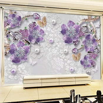 

Custom Mural Wallpaper European Style 3D Stereo Purple Flowers Jewelry Luxury Home Decor Living Room TV Background Wall Painting