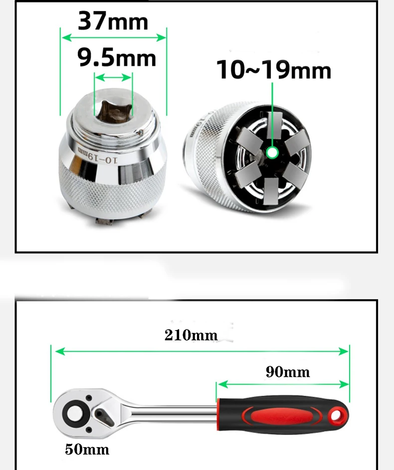 1PC 3/8 inch Drive 10-19 mm Adjustable Hex universal Socket Torque Ratchet Socket Adapter Wrench Head Spanner Sleeve Repair Tool