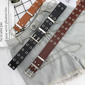 

Ladies Hip-hop Wide Trousers Bands Chains Double Exhaust Eyeholes Pu Waistbands Woman Casual Student Fashion Decorative Belts