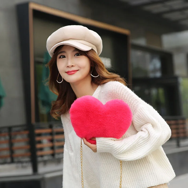 Heart-Shaped Crossbody Bags For Women Solid Color Winter Faux Fur Shoulder Bags Messenger Bag Small Chain Ladies Handbags