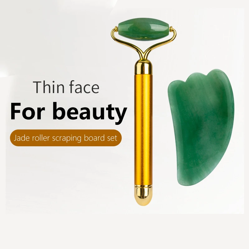 

Natural Green Crystal Jade Roller&Gua Sha Scraper Suit Face Massager Skin Care Tools Facial Massage Beauty Massage Stick Wrinkle