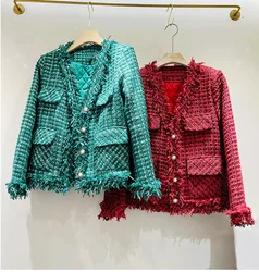 Outono inverno chique feminino de alta qualidade borlas v neck tweed jaquetas f005