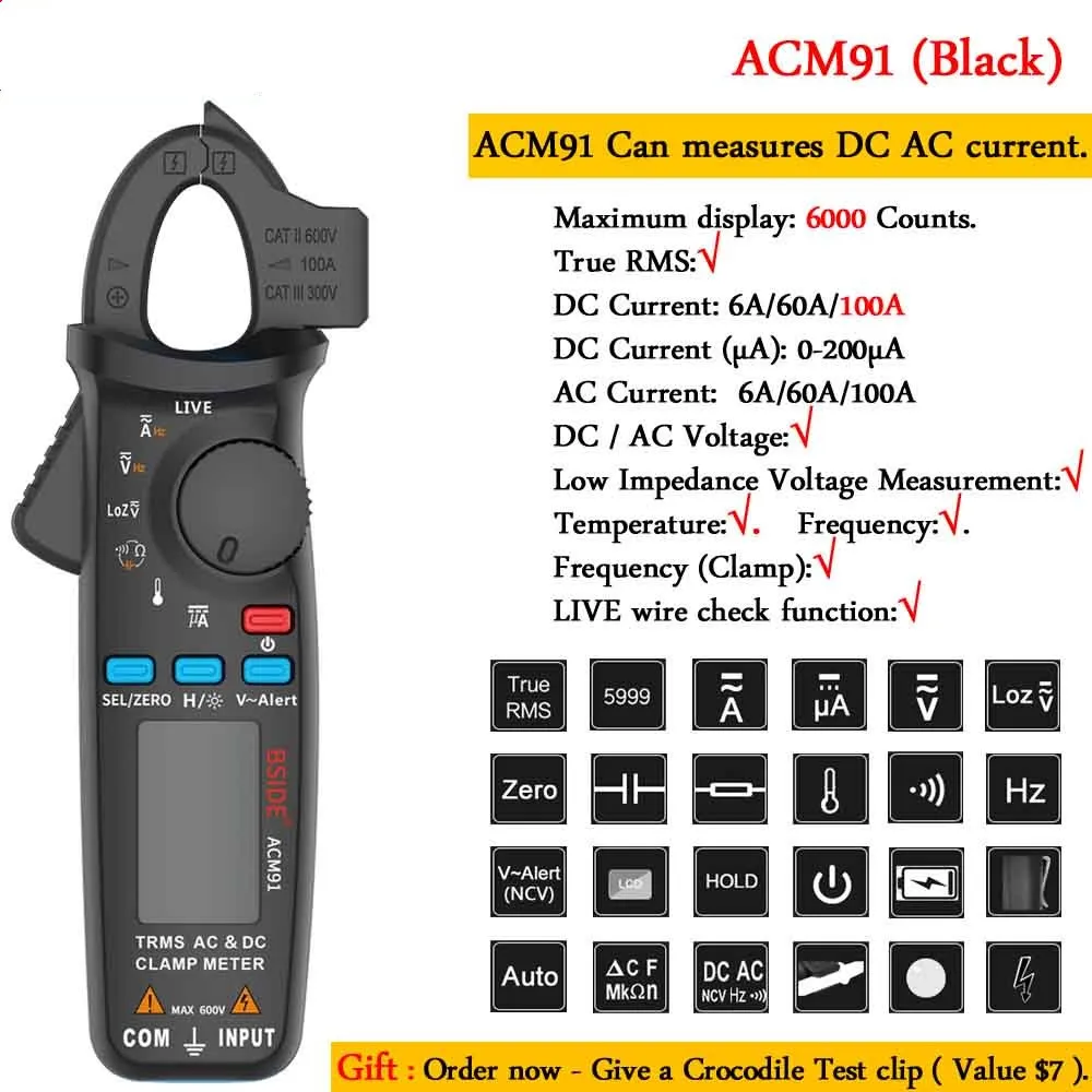 ACM91-black-Gift JUNEJOUR мини Цифровые токоизмерительные клещи ACM серии True RMS DC AC Ток Напряжение Ом темп Емкость тестер Амперметр мультиметр - Цвет: ACM91-black-Gift