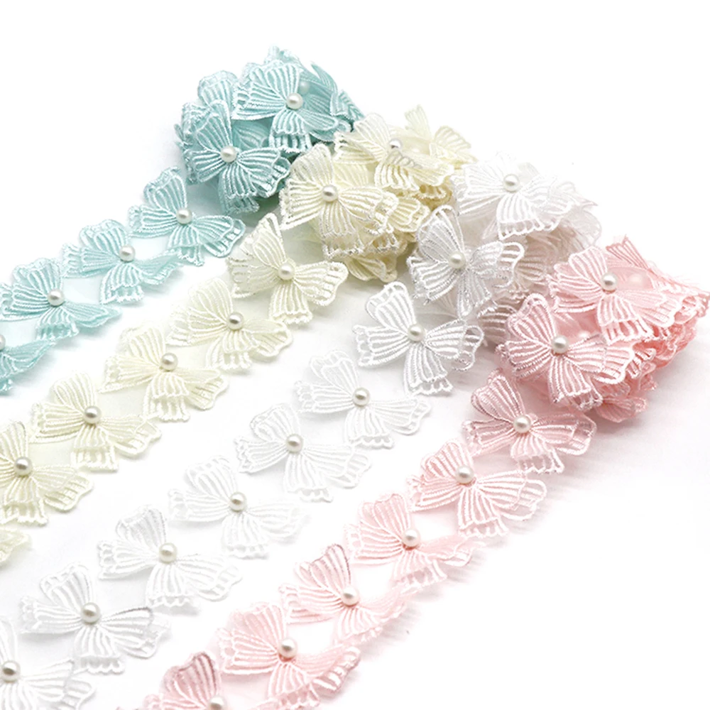H804 Pearl Bow Flower Organza Lace Trim trimmings Knitting Wedding Lace Embroidered DIY Patchwork Ribbon Sewing Supplies Craft lace fabric,lace ribbon,lace garment accessories,sewing patches,lace sewing supplies,lace accessories,lace sewing accessories,lace decoration