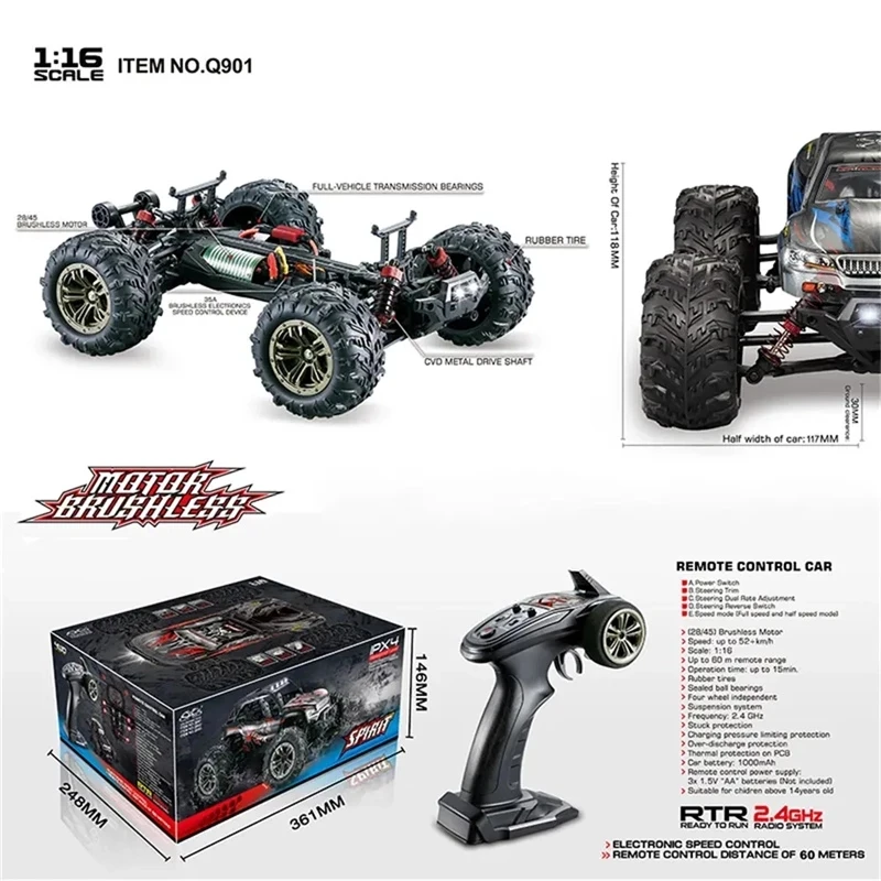 Xinlehong Q901 1/16 2 4G 4WD 52 км/ч радиоуправляемые автомобили бесщеточный пульт
