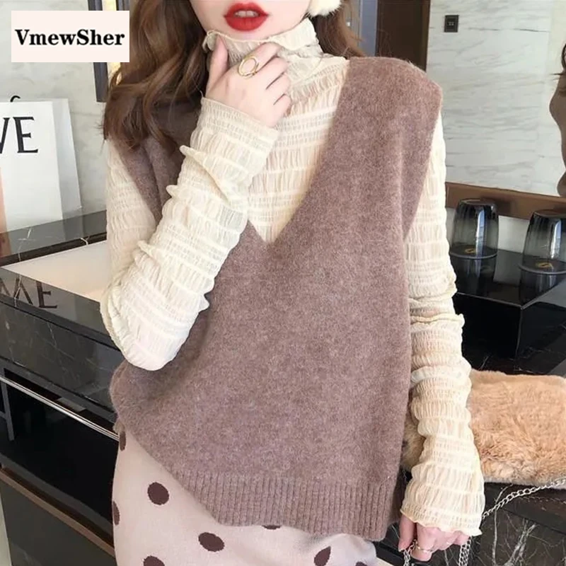 

VmewSher Vintage Autumn Spring Women Sweater Vest Wool Blend Elegant V Neck Sleeveless Pullover Ladies Soft Knitted Jumper Tops