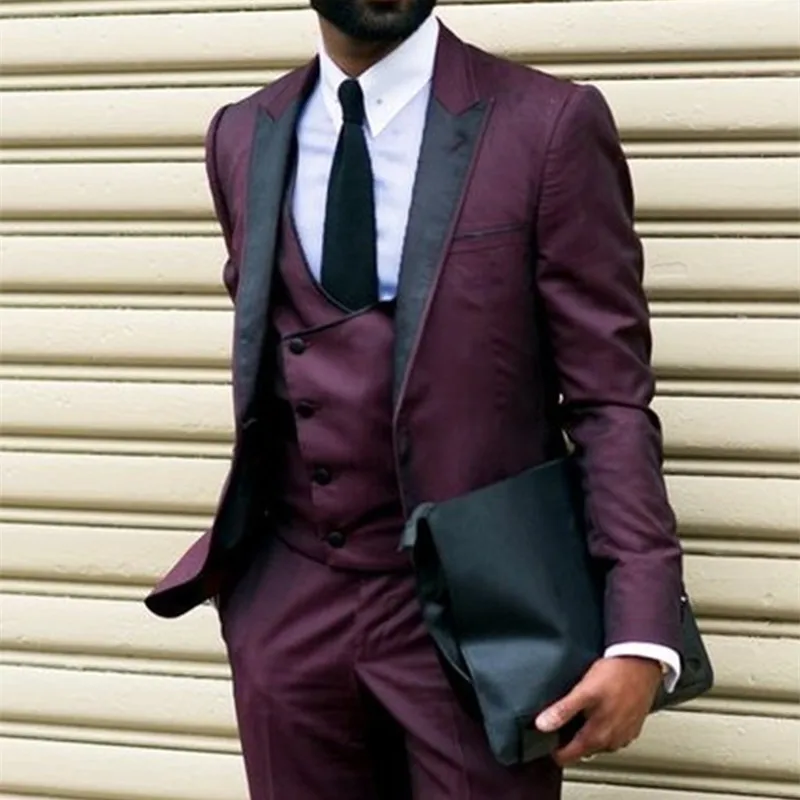 

Latest Coat Pant Designs Burgundy Formal Men Suit Casual Tuxedo 3 Pieces Wedding mens Suits Blazer 2019(Jacket+Pants+Vest+Tie)