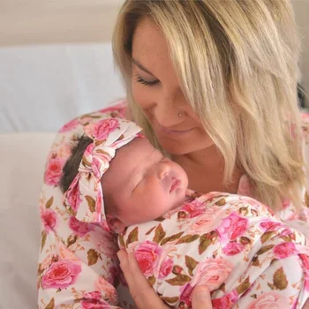 

0-3M Newborn Baby Floral Swaddle Blanket Toddler Girl Boys Wrap Blanket Headband 2pcs Infant Baby Swaddle Blanket