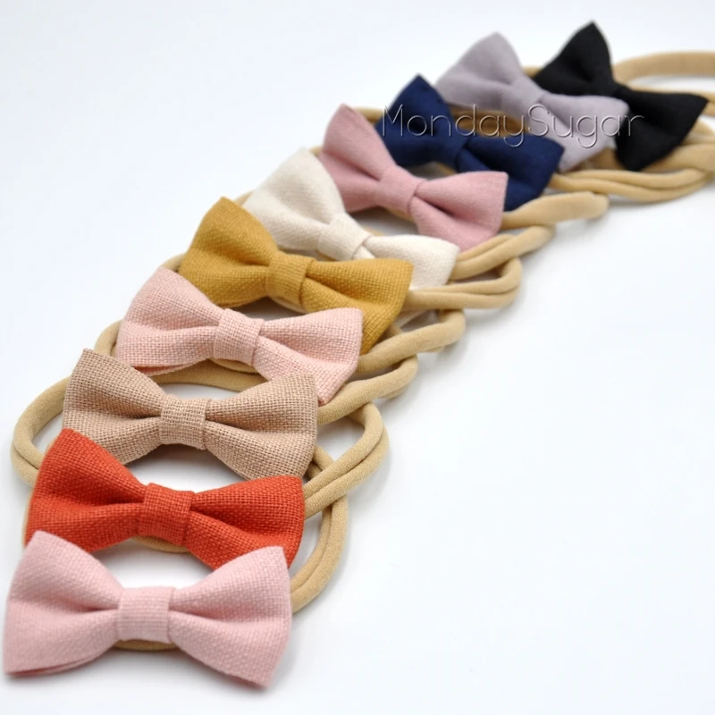 24pcs/lot Mini Petite Baby Bow Headband Handmade Linen Hair Bows Soft Nylon Headband Baby Hair Accessory