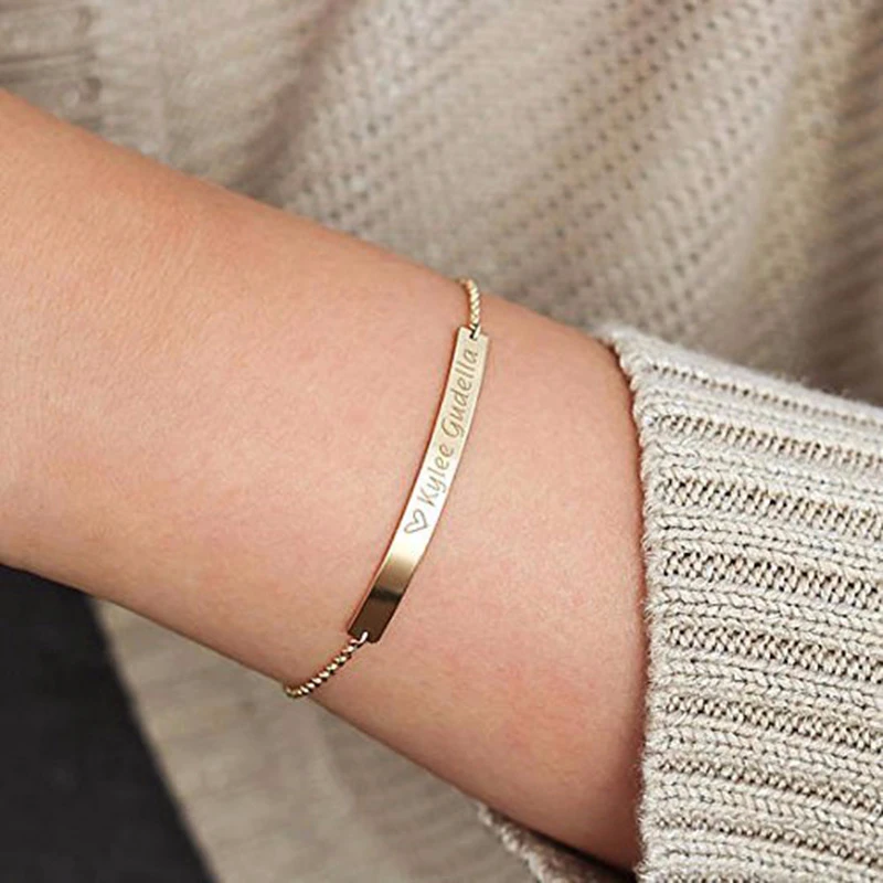 Bracciale Personalizzato Con Barra Incisa E Charm A Cuore - Acciaio Inossidabile - Regolabile 240mm - Regalo Per Fidanzate, Amiche E Damigelle (Argento/Oro/Rosa)