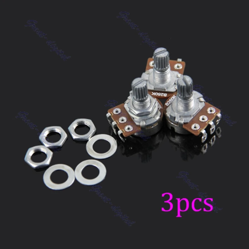 

OOTDTY 3pcs B250k Potentiometer Splined Pot Electric Guitar Bass Effect Amp Tone Volume 10mm Shaft Parts