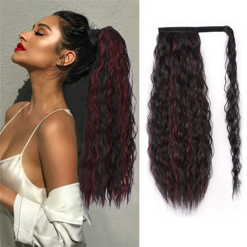 Wavy Ponytail Hairpiece Fake-Hair Synthetic-Wrap Magic-Paste Clip-In Black for Women