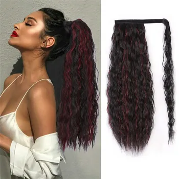 

Wavy Ponytail Extension for Women Synthetic Wrap Around Magic Paste Yaki Ponytail Corn Clip in Hairpiece Black Fake Hair