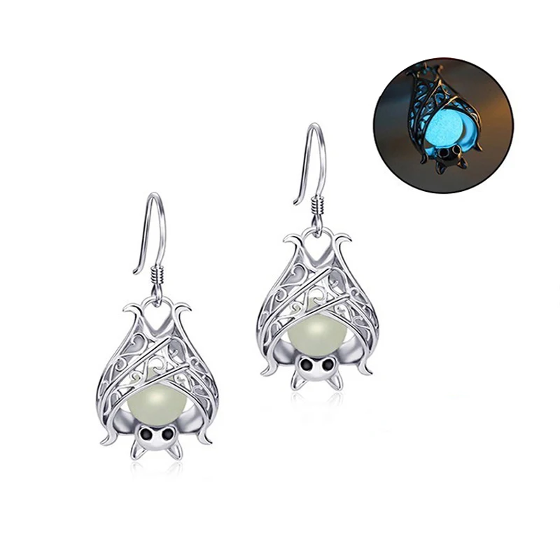 Xiaojing 925 стерлингового серебра Цвет светятся в темноте летучая мышь серьги со