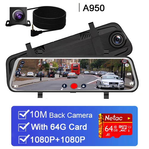 Двойной 1080P 1" поток зеркало заднего вида автомобиля DVR 2.5D экран супер ночного видения Dash Cam камера видео рекордер Авто Регистратор - Название цвета: 10M  rear lens 64G