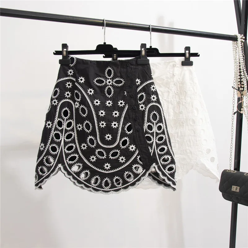 

2020 New Summer Skirt for Women Embroidered Hollow Out Flower Irregular Skirt Female Retro Black Mini Skirts