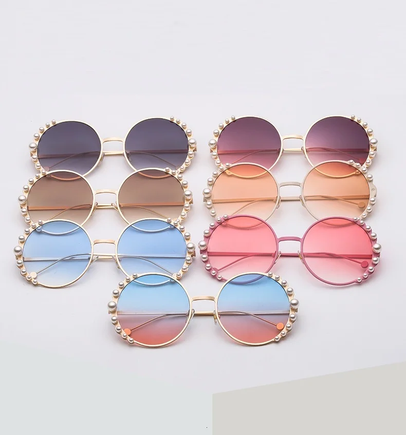 Luxury Beads Round Sunglasses Women Fashion Alloy Frame Brand Pearls Designer Sun Glasses For Female Brown Shades UV400 New