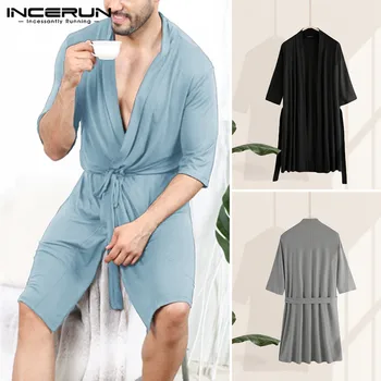 

INCERUN Summer Men Robes Solid Color Kimono Half Sleeve 2020 V Neck Couple Bathrobes Fashion Men Nightgowns Leisure Homewear 5XL