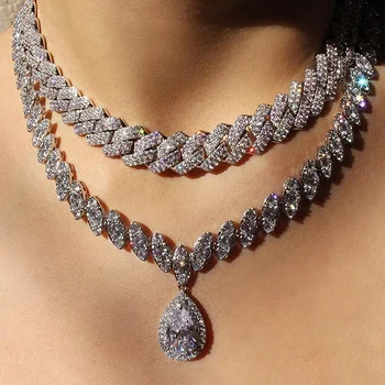 

New 15mm 2Row CZ Chain Gold Silver Color Pink Color Necklace Micro Paved Cubic Zirconia Shiny Hip hop Choker Women Man jewelry