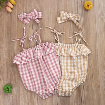 

Baby Girls Romper Infant Baby Girls Sleeveless Plaid Pattern Sling Straps Lotus Leaf Design Button Closure Jumpsuit Bow Hairband