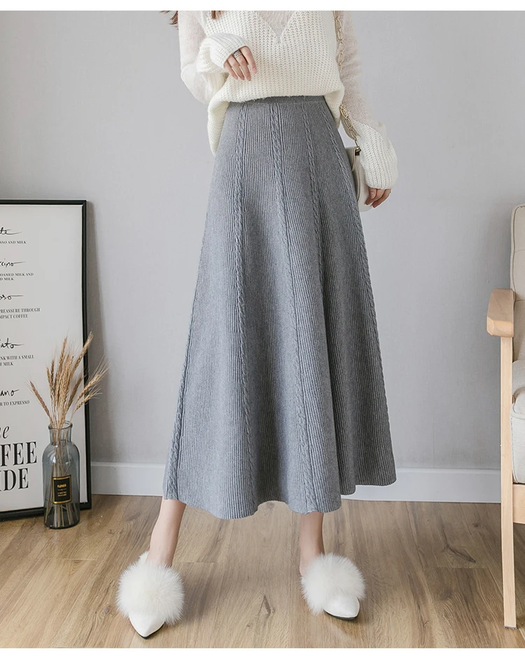 new women Vintage Autumn Winter Women Thick Sweater Skirt High Waist Midi Knitted A-line Female Solid Elegant Skirts Hot | Женская