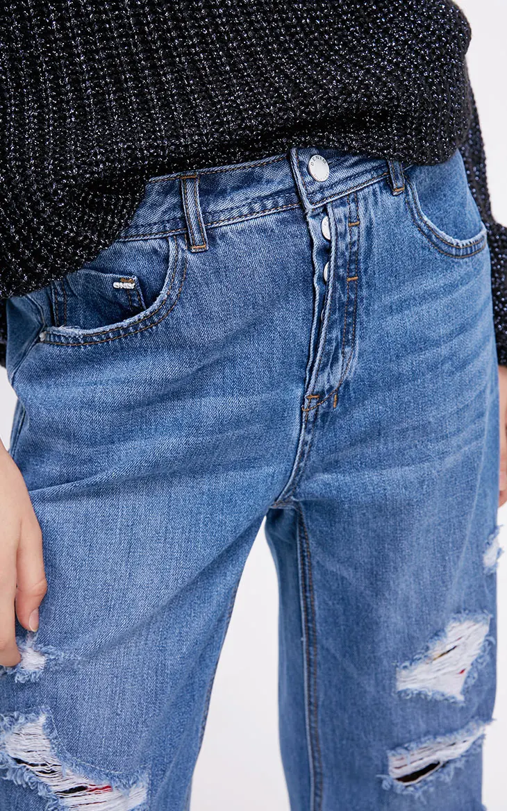 Только женские летние новые хлопковые bf ветер низкая талия отверстие укороченные джинсы прямые свободные | 118349584