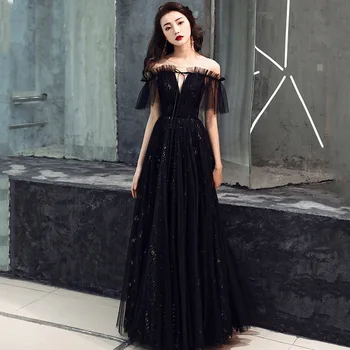 

Evening Dresses Shining Black Off Shoulder Formal Party Prom Gowns A-Line Lace Up Floor-Length Elegant Vestido De Festa E010