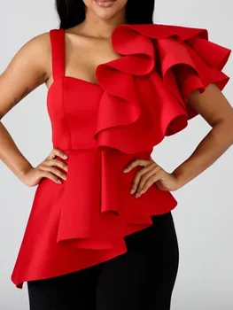 

Plus Size Women Shirts 2XL African Fashion Solid Red Irregular Ruffles Sleeve Office Ladies Summer Causal Tops Female Blouse