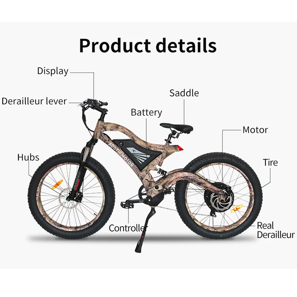 AOSTIRMOTOR Electric Mountain Bike Fat Tire Electric Bicycle Beach Cruiser Bike 1500W EBike 48V 14.5Ah Lithium Battery US Stock
