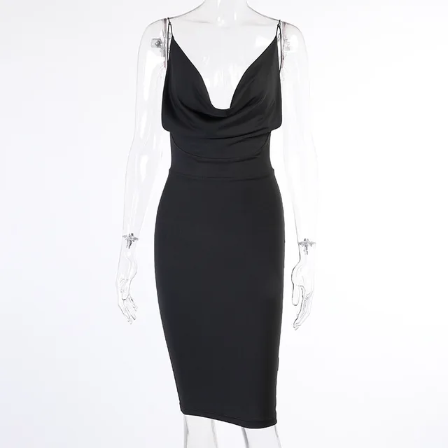 Satin Women Strap Midi Dress Stacked Backless Bodycon Sexy Streetwear Party Elegant 2021 Summer Festival Club Dresses black