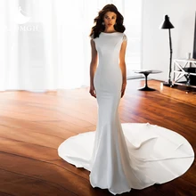 

Aedmgh Mermaid Satin Wedding Dresses 2022 O-Neck Cap Sleeve Vestido De Novia Beaded Sheath Sweep Train Backless Robe De Mariee