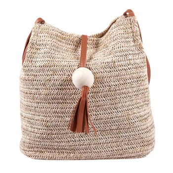 

Bali Vintage Handmade Crossbody Leather Bag Round Straw Beach Bag Girls Circle Rattan bag Small Bohemian Shoulder bag(Brown)