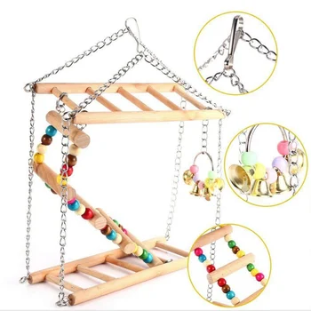 

Pet Bird Colorful Beads Wooden Hanging Standing Perch Double Layers Ladder for Parrot with Bell