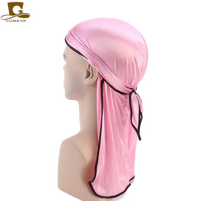 Men's Silky Durags Bandanas Turban hat Wigs Doo Men Satin Durag Biker Headwear Headband Hair Accessories Extra Long Tail Du-Rag Adult Pink
