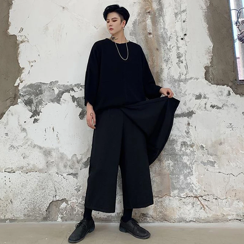 Men's pants spring/summer loose wide-leg pants slacks culottes for men fake two pieces of nine-minute pants plus size