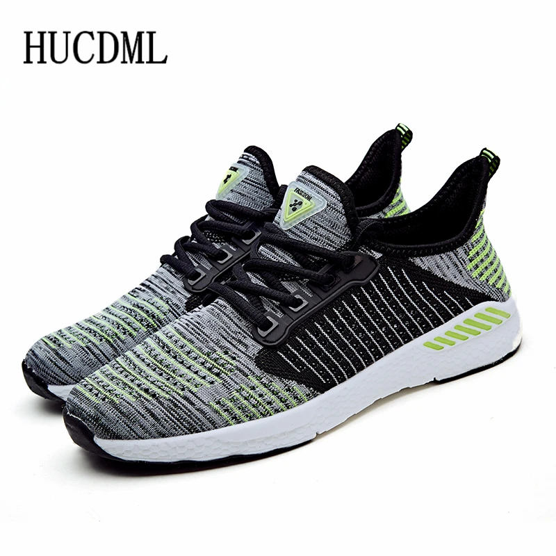 HUCDML/ г. Новая мужская обувь 9 цветов Flyknit мужская повседневная обувь легкая дышащая кроссовки пара прогулочных теннисов feminino Размер 36-48 - Цвет: Gray Green