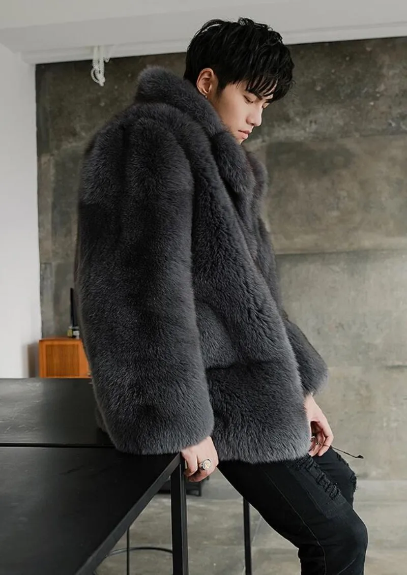 Роскошные Одежда высшего качества мужские из натурального Лисьего меха зимнее теплое толстое пальто Модные Повседневное Lapel прямое