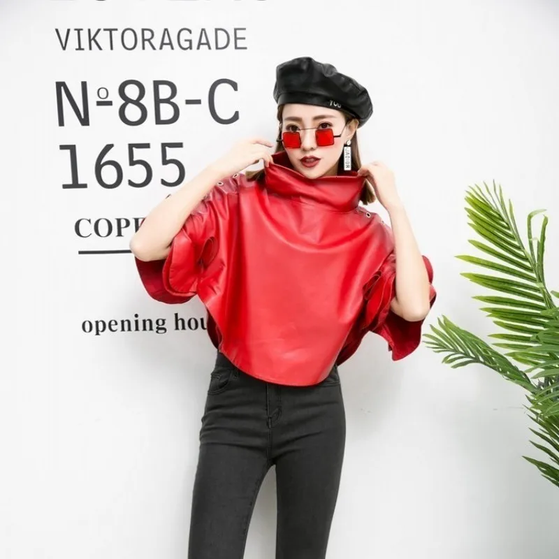 

2020 New Spring Womens Short Jacket Korean Batwing Sleeve Genuine Leather Coats Loose Fit Streetwear Cape Coat Plus Size S-4XL