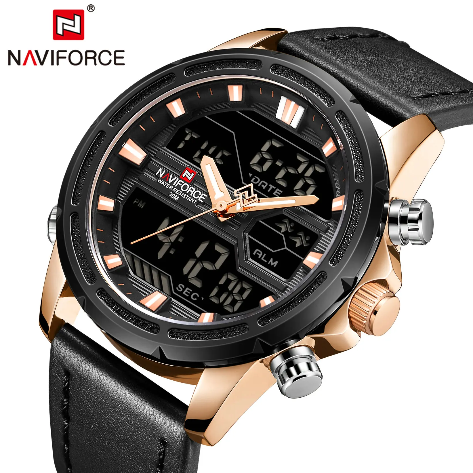

NAVIFORCE Top Brand Luxury Digital Watch Men Calendar Multifunction Dual Tim Quartz Watches Mens Fashion Leather Wristwatch